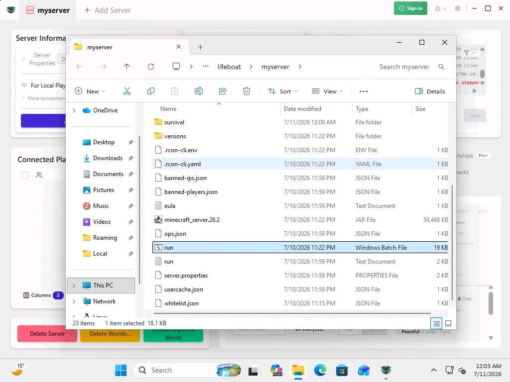 Windows File Explorer showing a server folder with the run.bat file selected.
