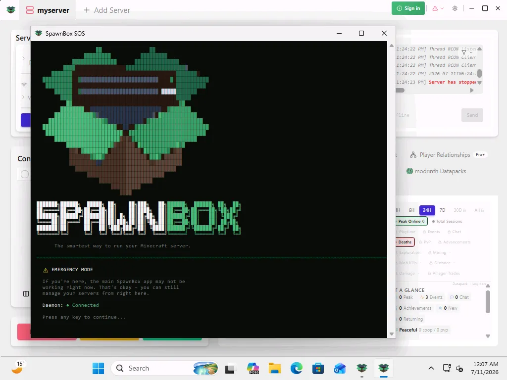 The SOS emergency screen: the full SpawnBox logo drawn in colored blocks, the SpawnBox wordmark, an Emergency Mode heading, and a note that your servers are still fine.