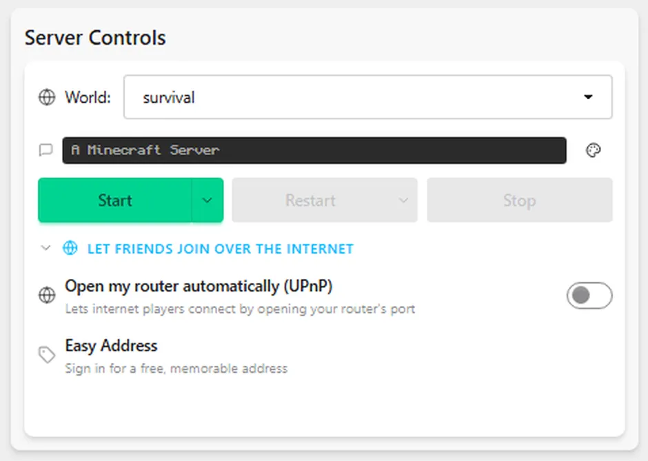 SpawnBox's Server Controls card: the 'Open my router automatically (UPnP)' toggle, the 'Let friends join over the internet' panel, and the Easy Address option for a memorable shareable address.