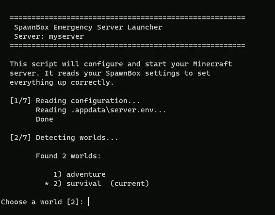 The run.bat launcher window: it has read the settings and is asking which world to load, listing adventure and survival.