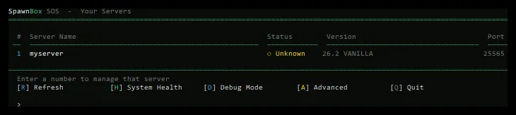 The SOS server list showing each server with its status, version, and port, and a row of options along the bottom.