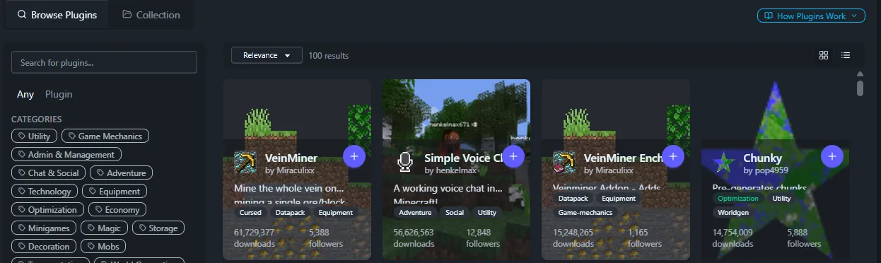 SpawnBox's built-in mod and plugin browser, powered by Modrinth: a search box, category filters down the side, and result cards with one-click install buttons.