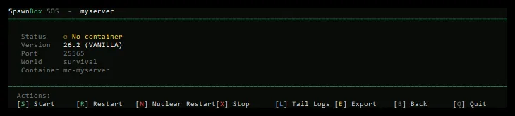 A single server's detail screen in SOS, with actions to start, restart, stop, tail the logs, or export it.