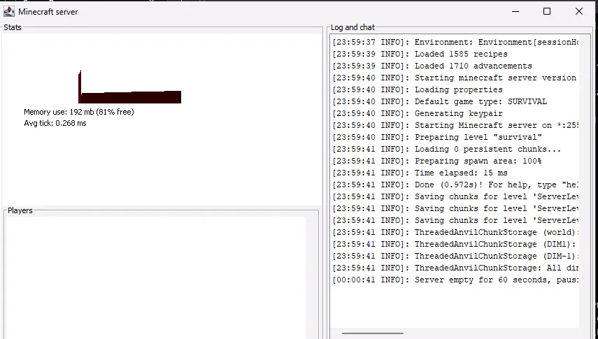 The Minecraft server running: it finished loading and is ready for players to join.