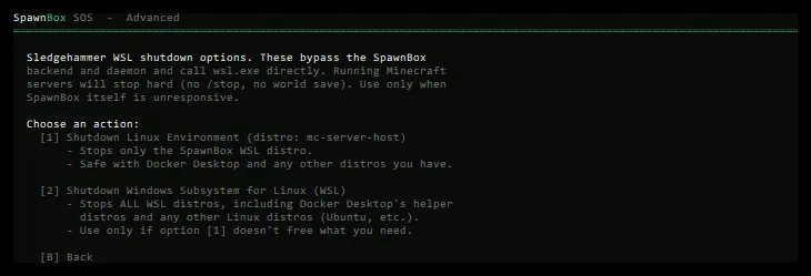 The SOS Advanced screen listing last-resort shutdown options, with a clear warning that running servers will stop without saving.
