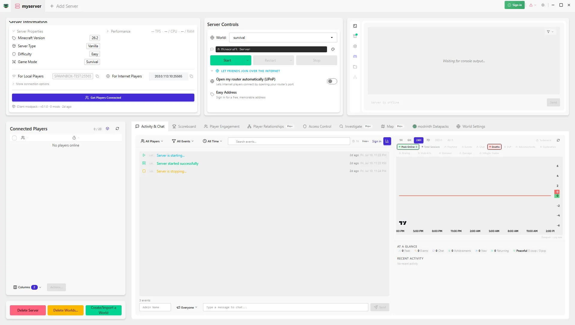 The SpawnBox dashboard as a full control panel: server properties, start/stop controls, the connected-players list, a live activity and chat feed, and performance charts, all in one window.