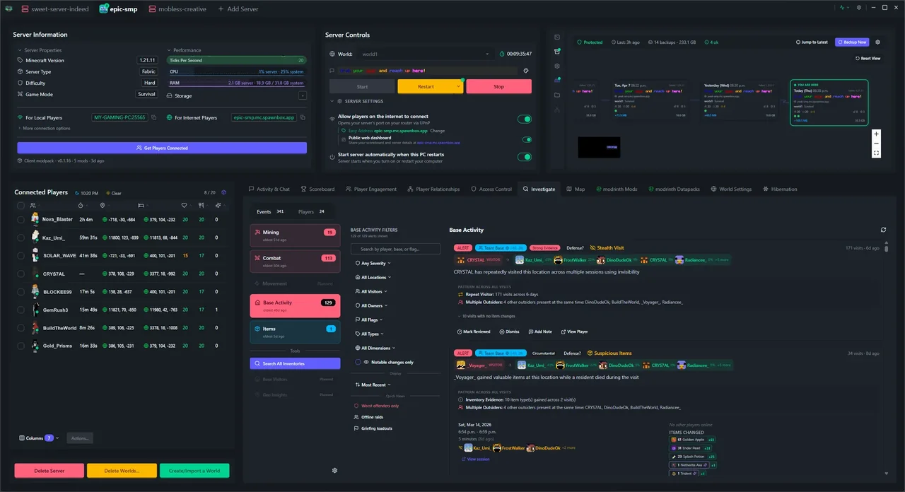 SpawnBox navigating through its interface - world map, scoreboards, player profiles, investigation tools, and more - view 15