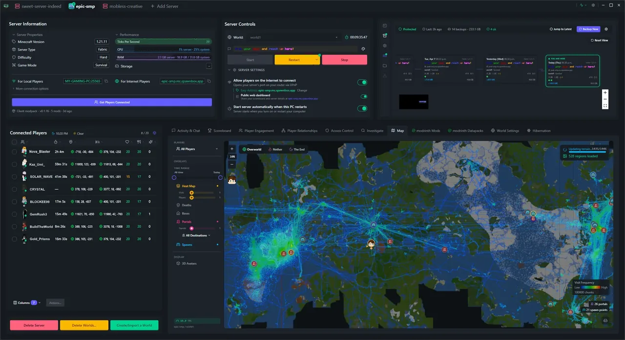 SpawnBox navigating through its interface - world map, scoreboards, player profiles, investigation tools, and more - view 1