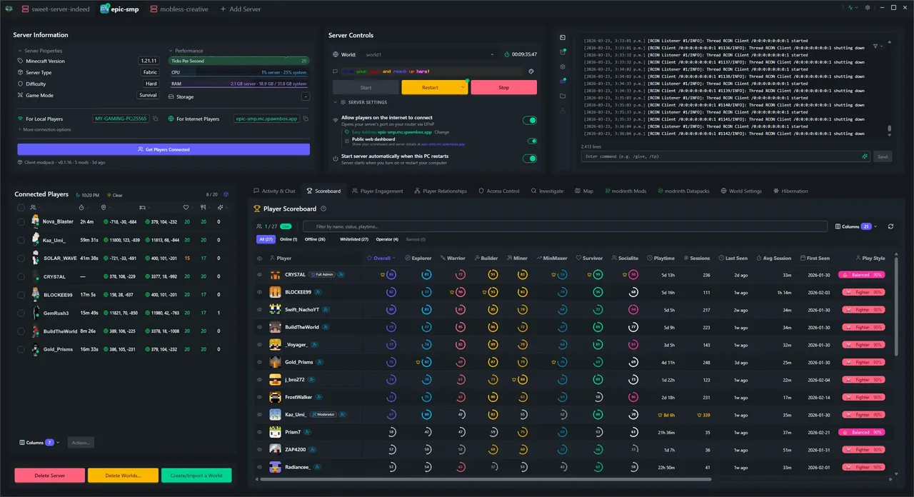 SpawnBox navigating through its interface - world map, scoreboards, player profiles, investigation tools, and more - view 3