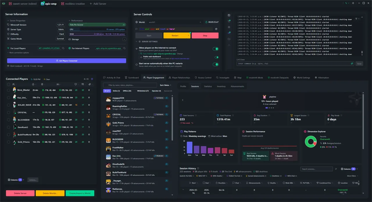 SpawnBox navigating through its interface - world map, scoreboards, player profiles, investigation tools, and more - view 5