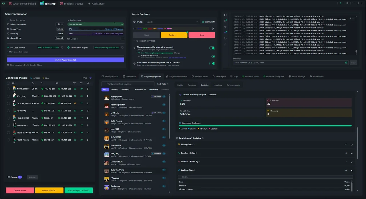 SpawnBox navigating through its interface - world map, scoreboards, player profiles, investigation tools, and more - view 8