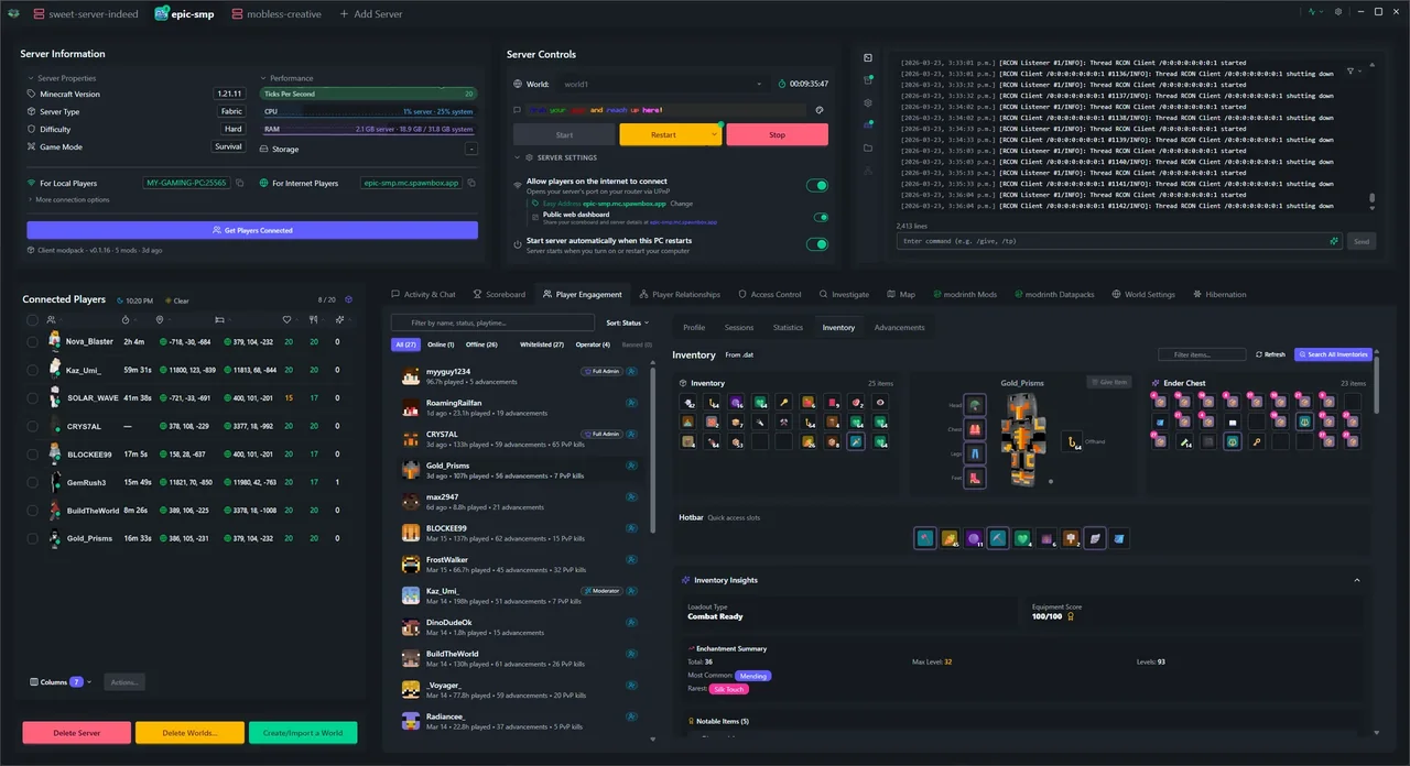 SpawnBox navigating through its interface - world map, scoreboards, player profiles, investigation tools, and more - view 9