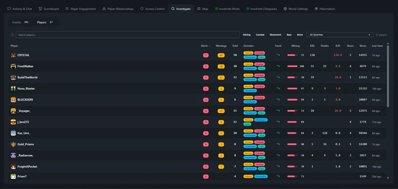 SpawnBox player actions menu and investigation features - view 2